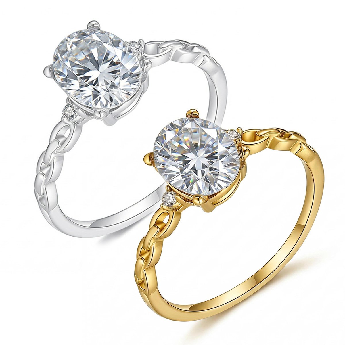 Oval Moissanite Solitaire Ring with Interlocking-Link Band