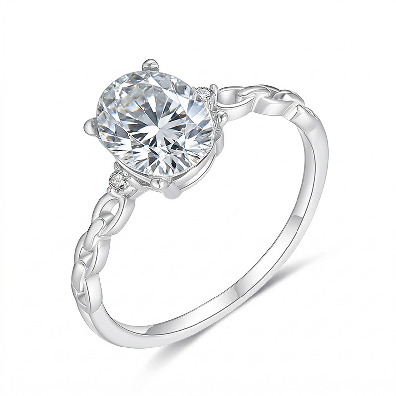 Oval Moissanite Solitaire Ring with Interlocking-Link Band - Image 2