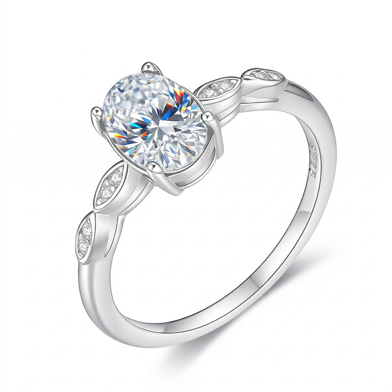 Oval Moissanite Leaf-Shoulder Solitaire Ring | 1.5ct DEW 8x6mm | 925 Silver - Image 2