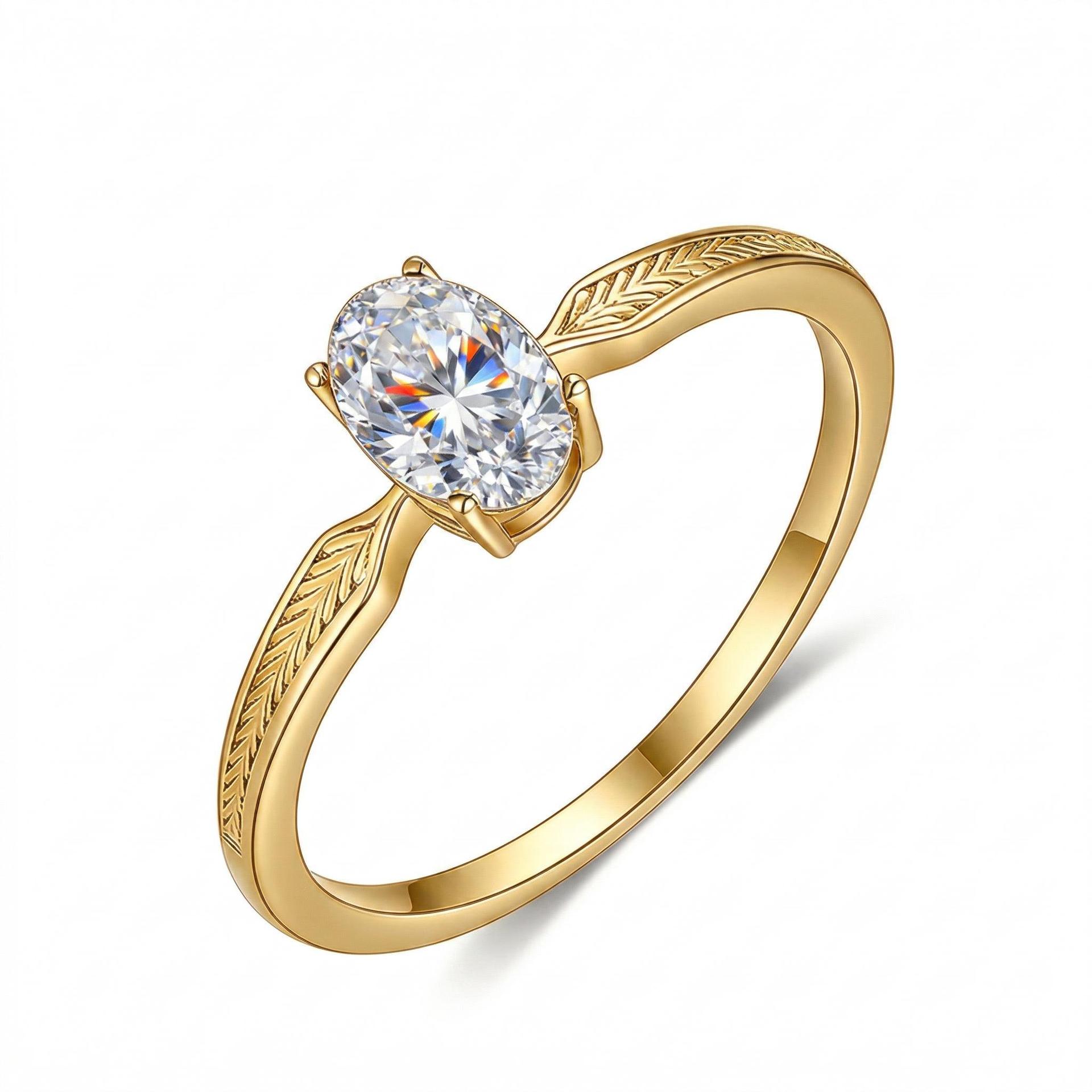 Oval Moissanite Engraved Feather Band Solitaire Ring - Image 3