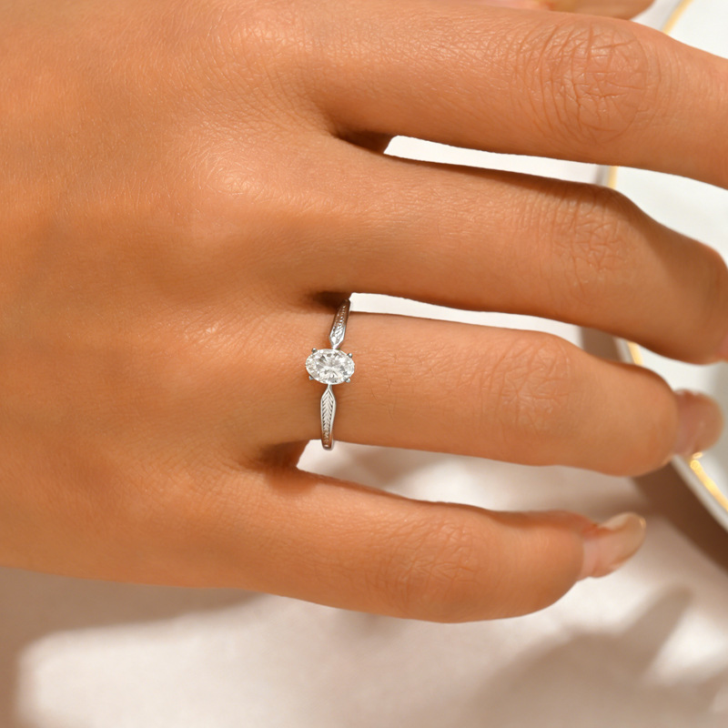 Oval Moissanite Engraved Feather Band Solitaire Ring - Image 5