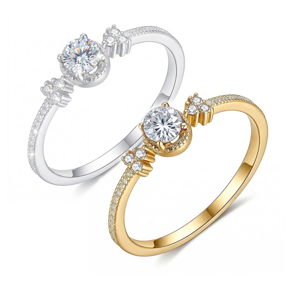 Round Moissanite Pave Shoulder Ring | 1ct DEW Solitaire in Sterling Silver