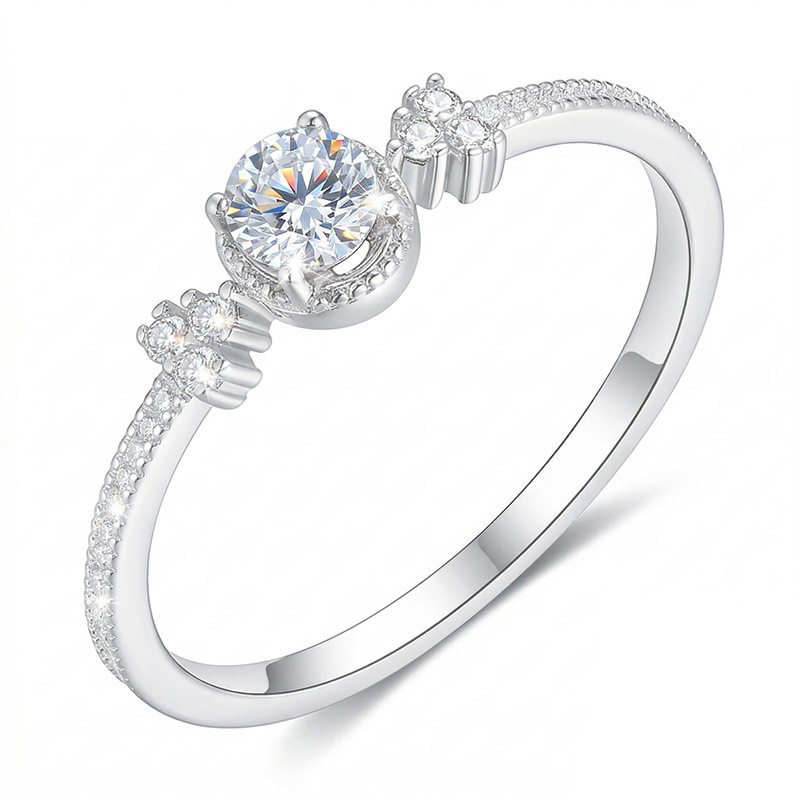 Round Moissanite Pave Shoulder Ring | 1ct DEW Solitaire in Sterling Silver - Image 2