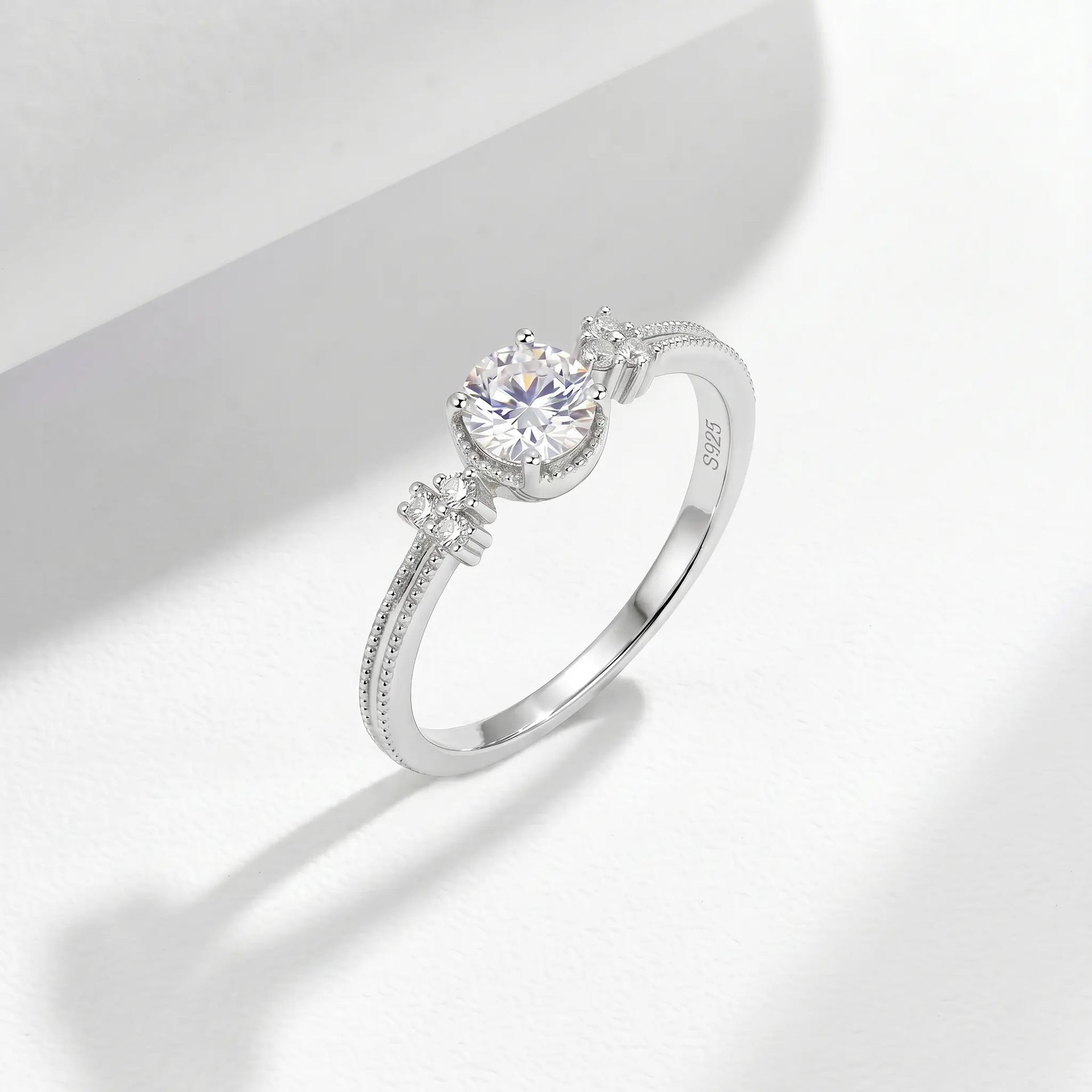 Round Moissanite Pave Shoulder Ring | 1ct DEW Solitaire in Sterling Silver - Image 4