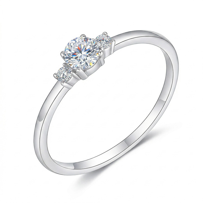 Round Three-Stone Moissanite Trilogy Ring | Dainty Stacking Ring - alternate view