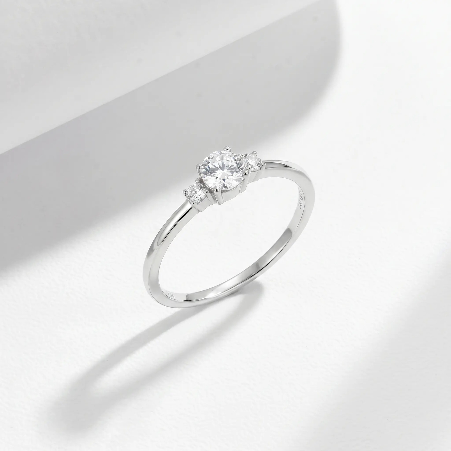 Round Three-Stone Moissanite Trilogy Ring | Dainty Stacking Ring - Image 4