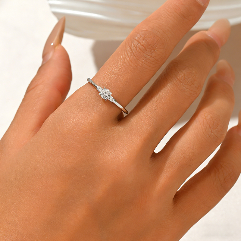 Round Three-Stone Moissanite Trilogy Ring | Dainty Stacking Ring - Image 5
