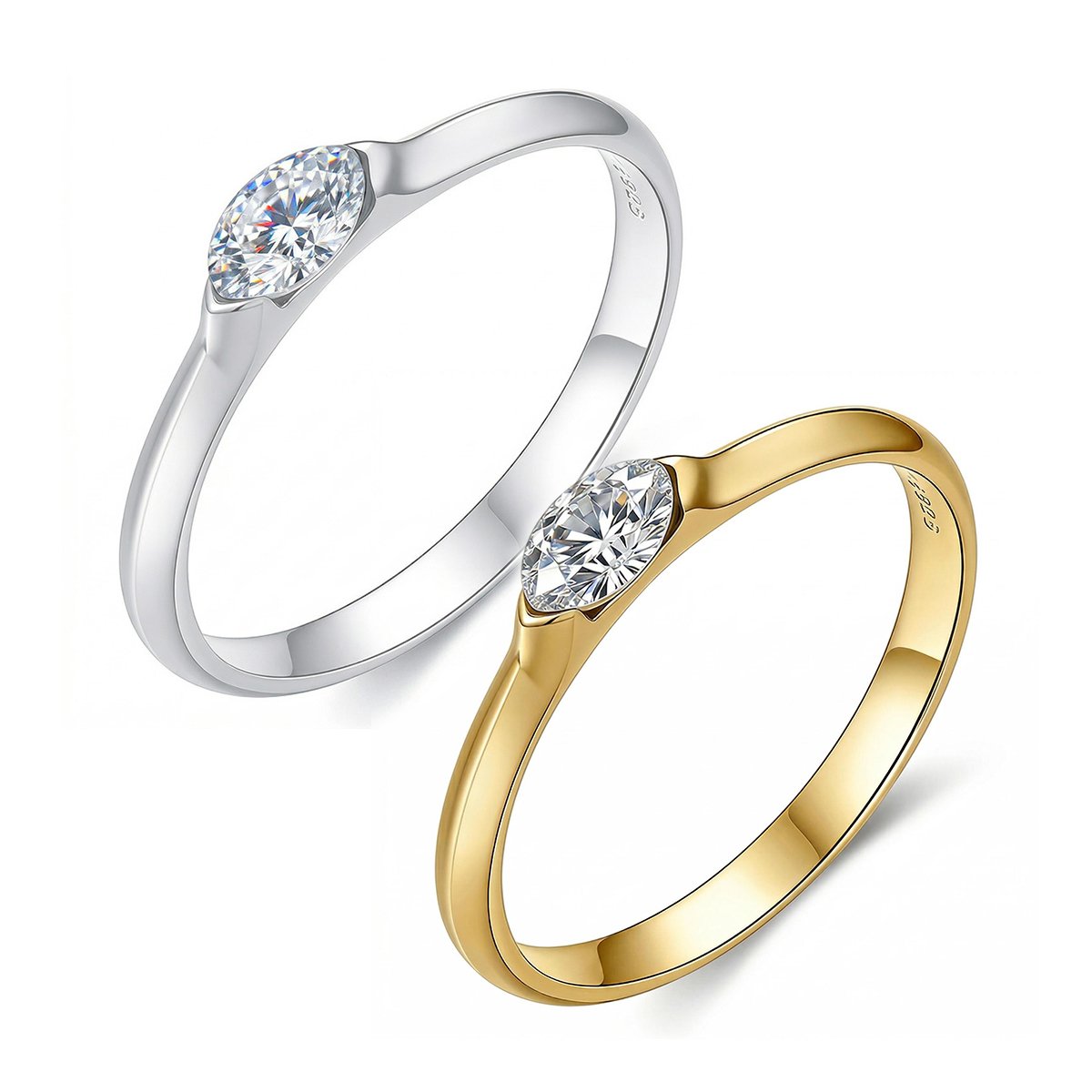 East-West Marquise Moissanite Solitaire Ring | Half-Bezel Sterling Silver