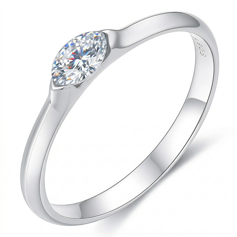 East-West Marquise Moissanite Solitaire Ring | Half-Bezel Sterling Silver - Image 2