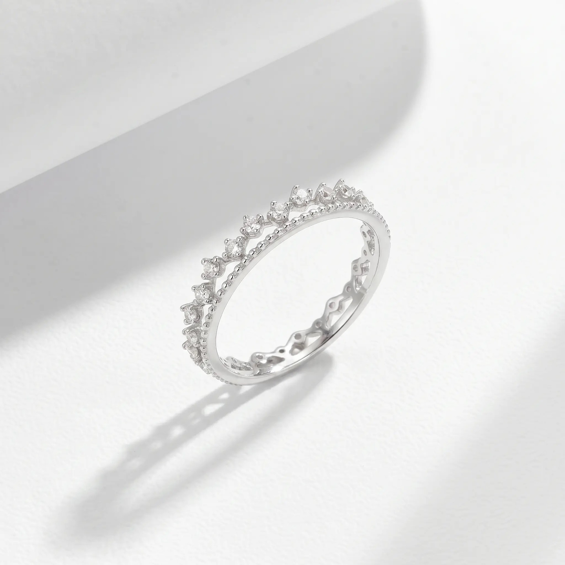 Moissanite Crown Tiara Stacking Ring | Milgrain Filigree Band in 18K Gold over Silver - Image 4