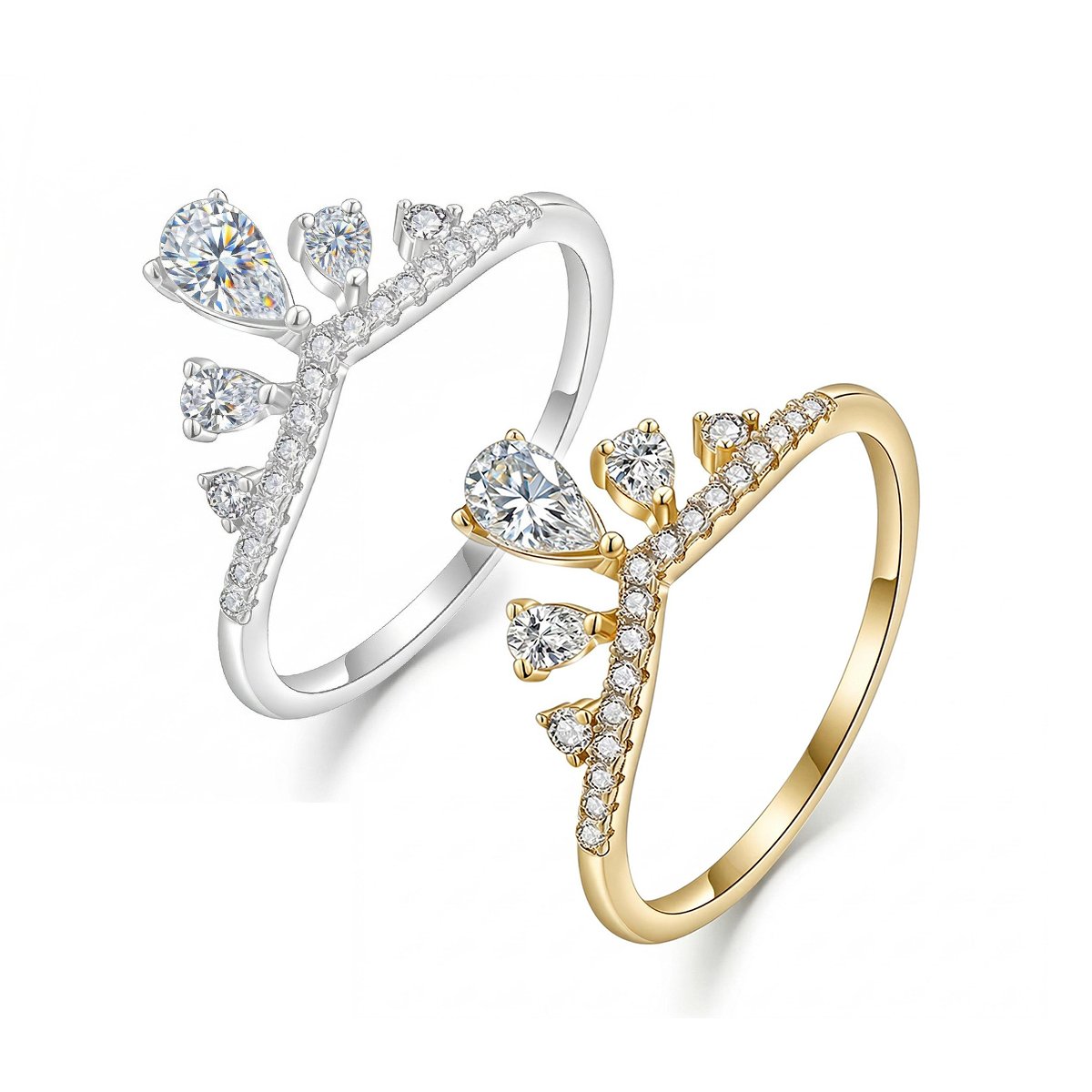 Pear Moissanite Crown Tiara Ring | Pave Cluster in Sterling Silver
