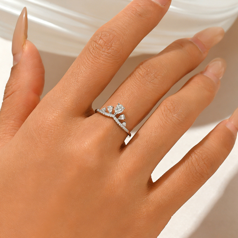 Pear Moissanite Crown Tiara Ring | Pave Cluster in Sterling Silver - Image 5