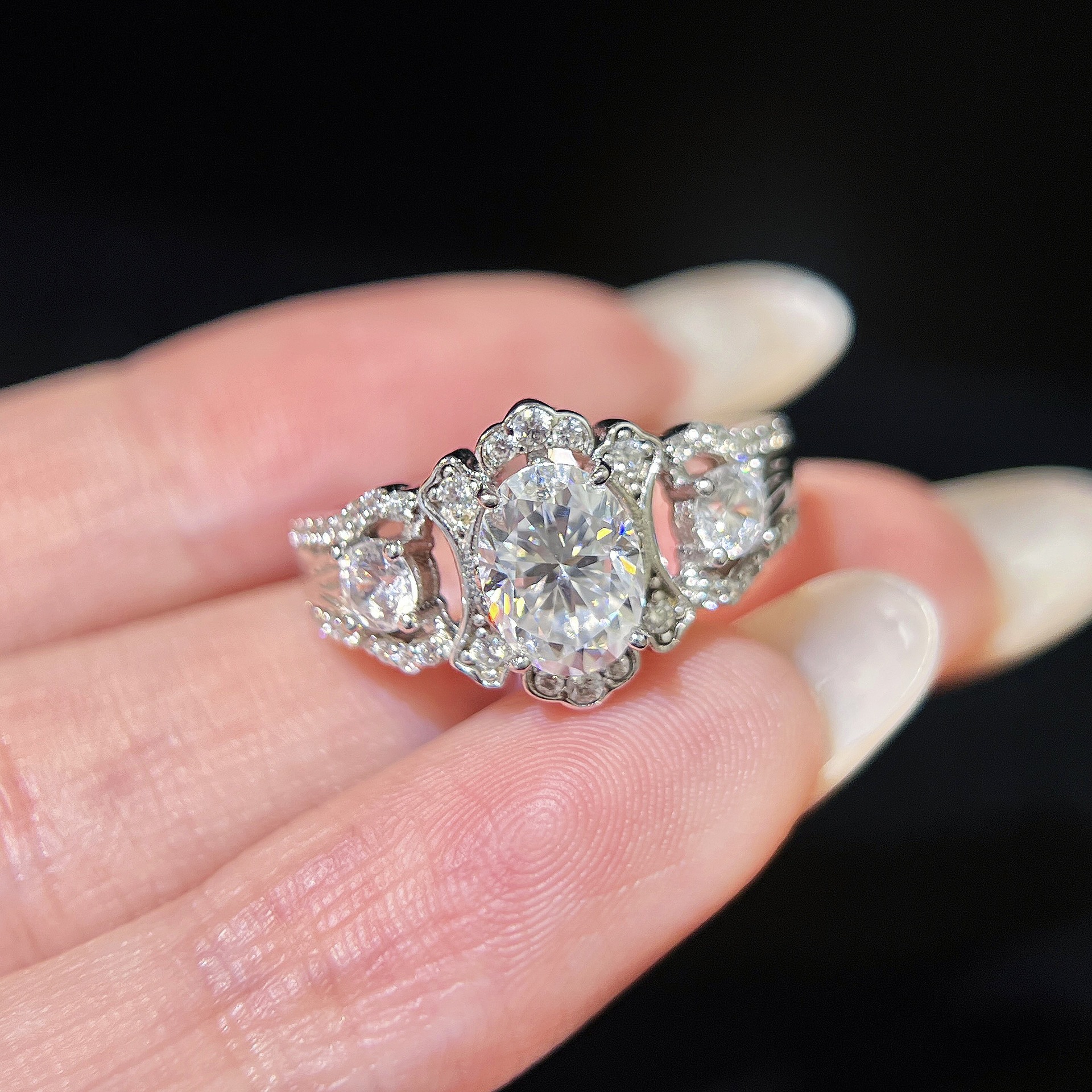 1.5ct Oval Moissanite Three-Stone Halo Ring - Image 2