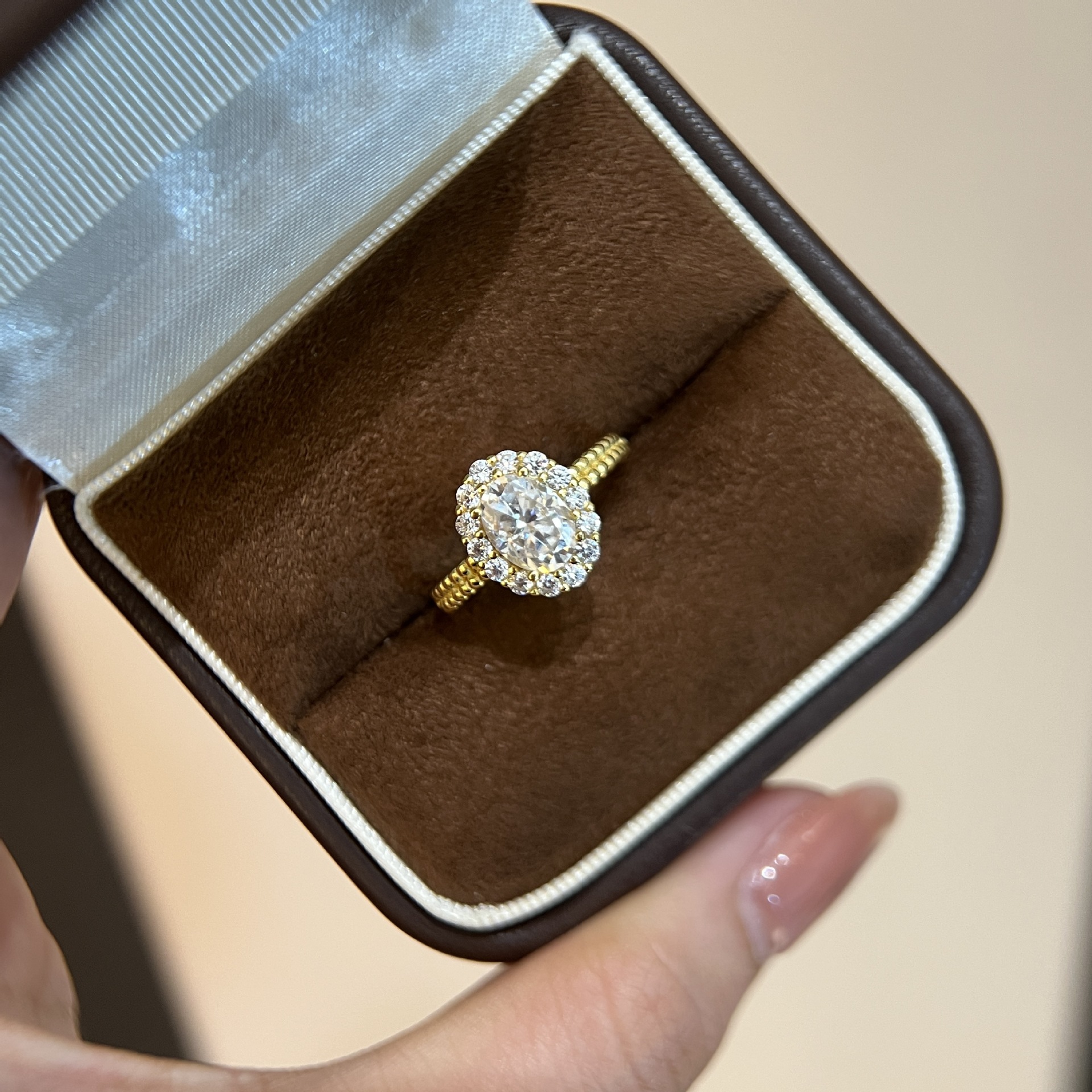 Oval Moissanite Halo Ring | Beaded Double-Row Band | 1.5 DEW - Image 4