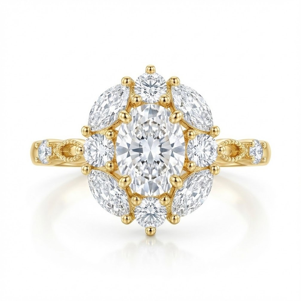 1ct Oval Vintage Floral Halo Moissanite Ring