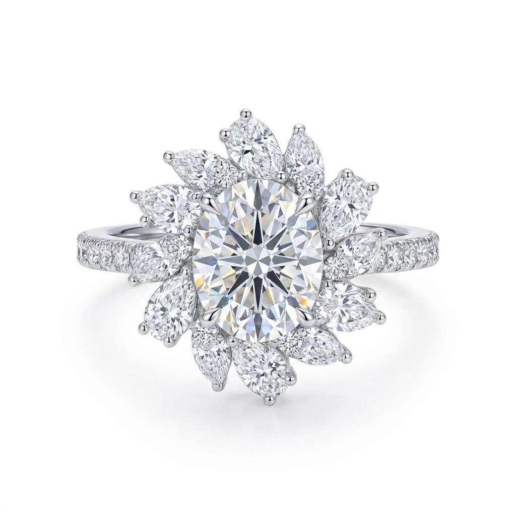 Oval Moissanite Sunflower Halo Ring