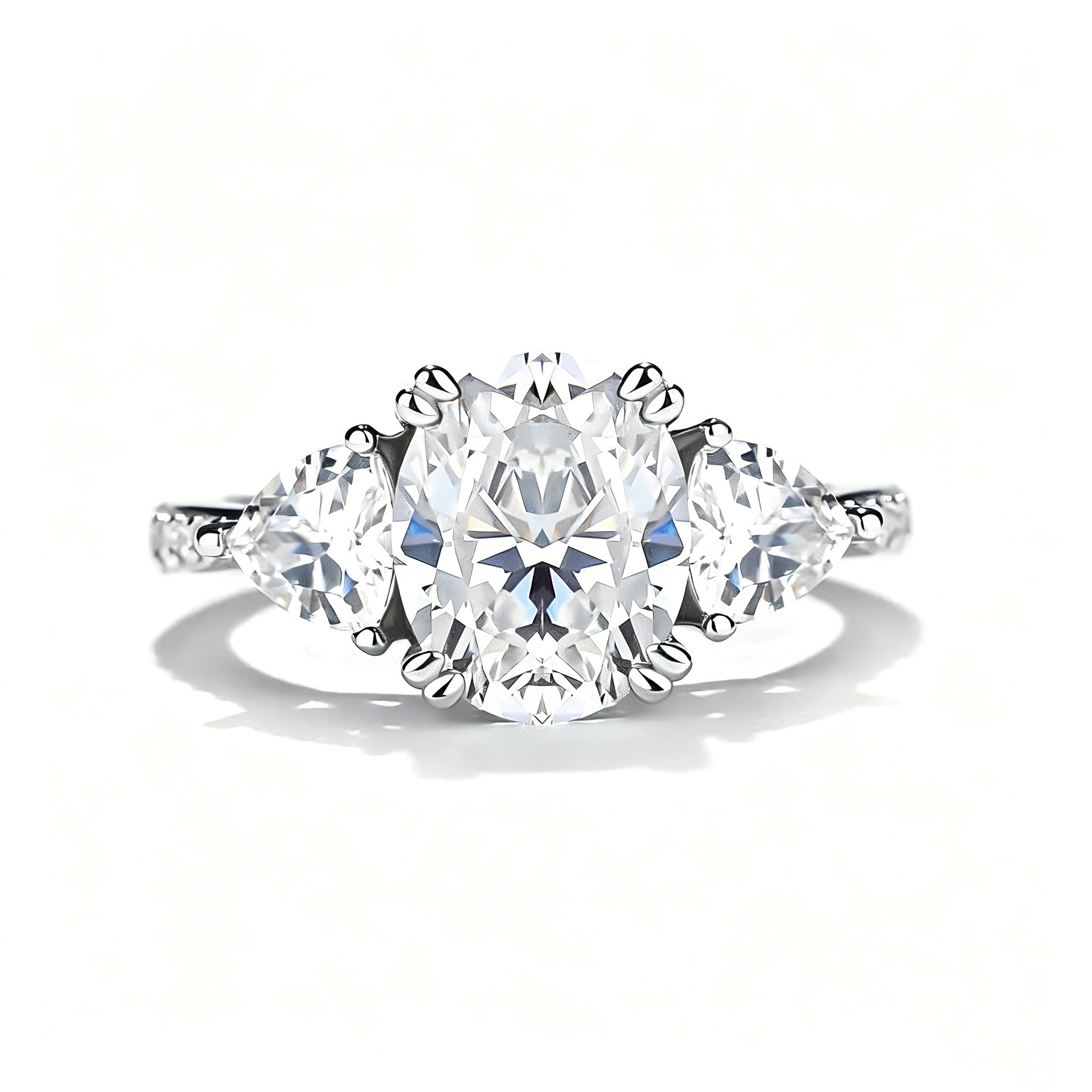 3ct Oval Moissanite Trillion Three-Stone Ring | DEF VVS | 925 Silver