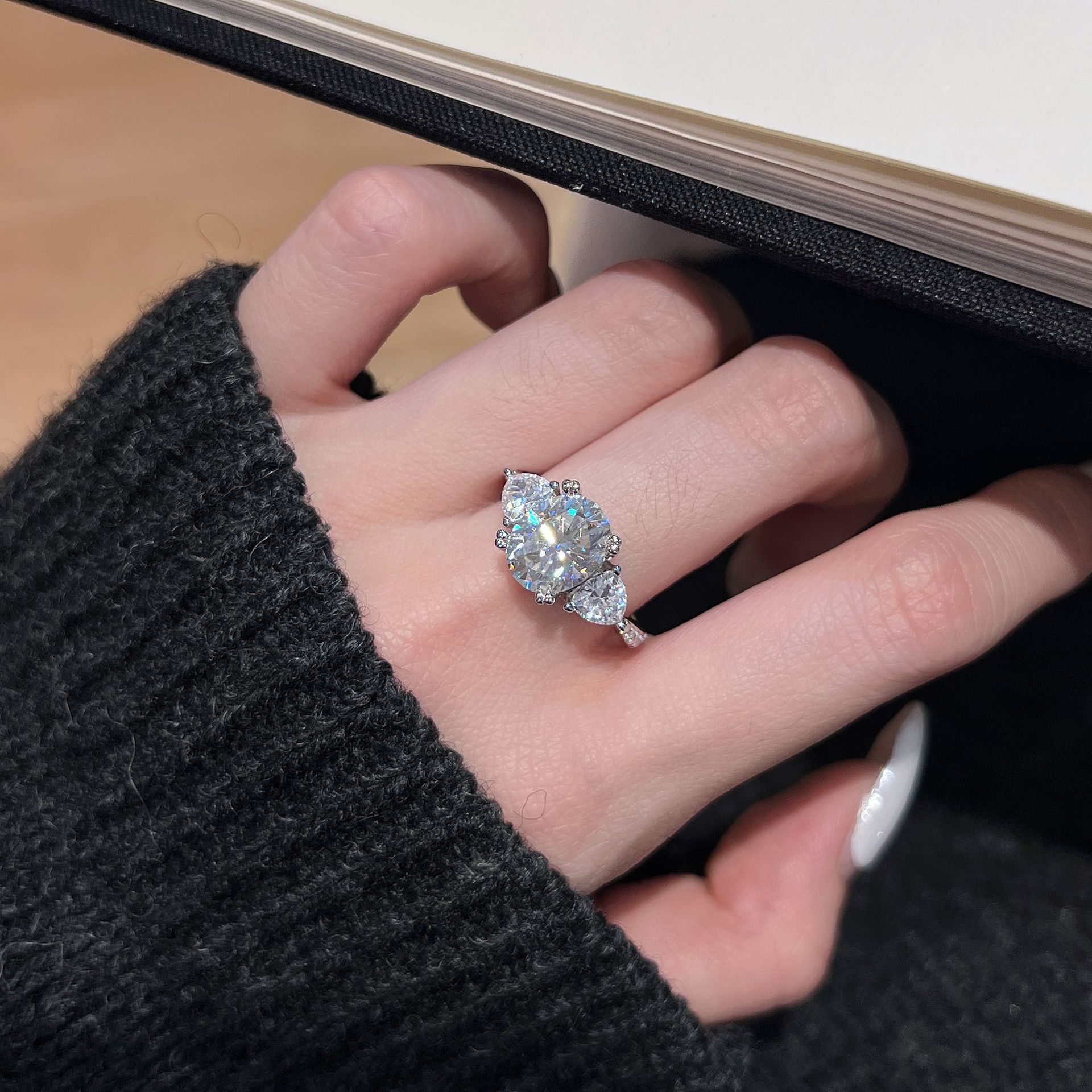 3ct Oval Moissanite Trillion Three-Stone Ring | DEF VVS | 925 Silver - Image 2