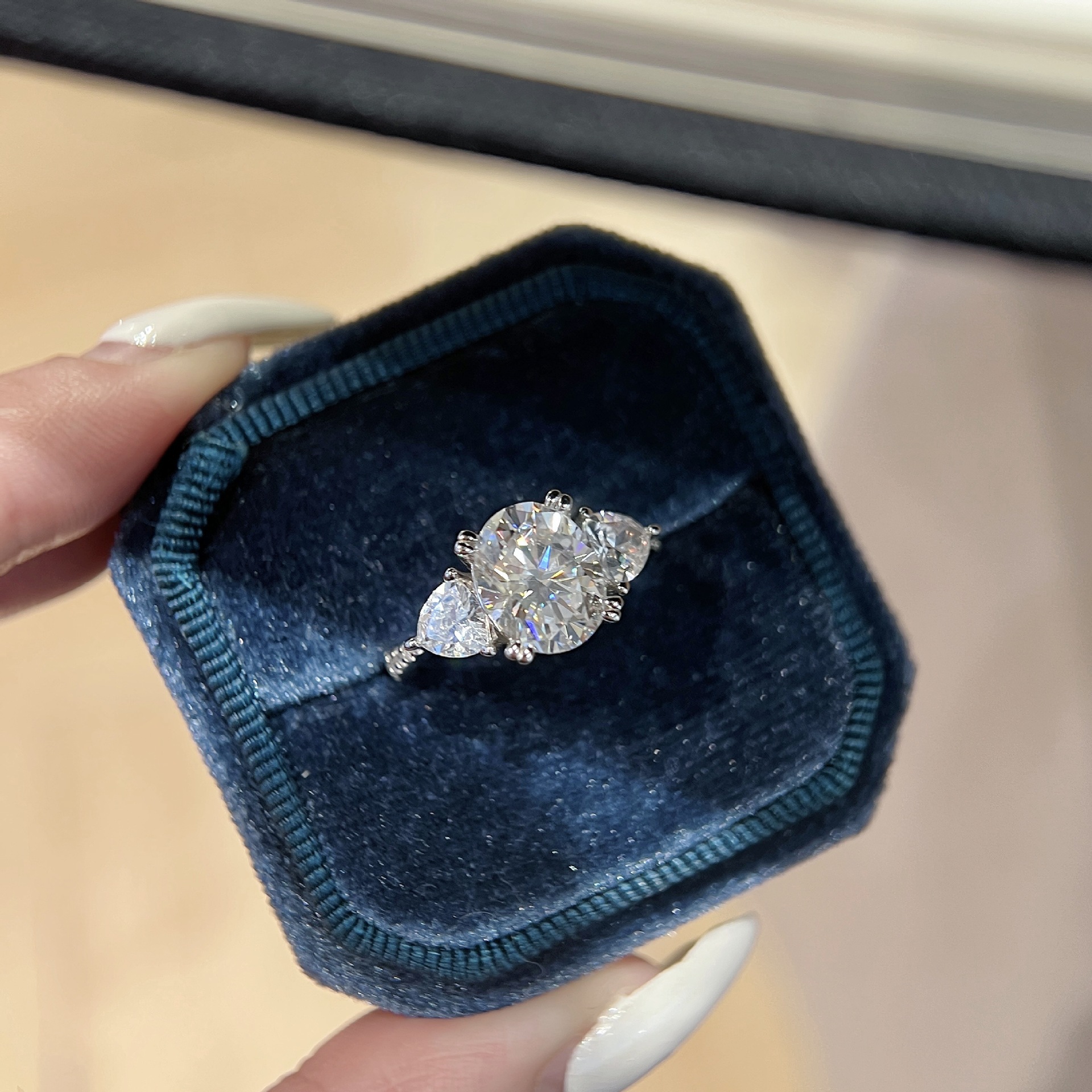 3ct Oval Moissanite Trillion Three-Stone Ring | DEF VVS | 925 Silver - Image 4