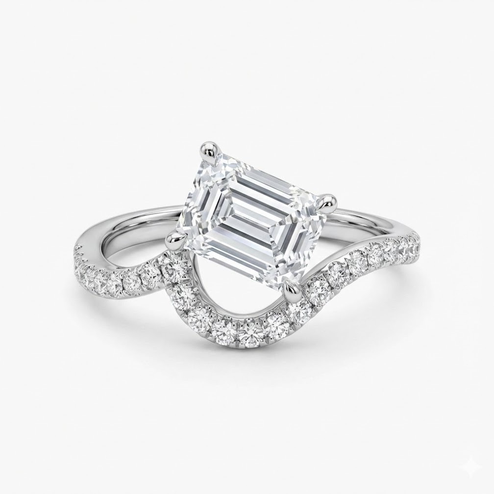 Emerald-Cut Moissanite Bypass Solitaire Ring | 2.0ct DEW | Pave Shank