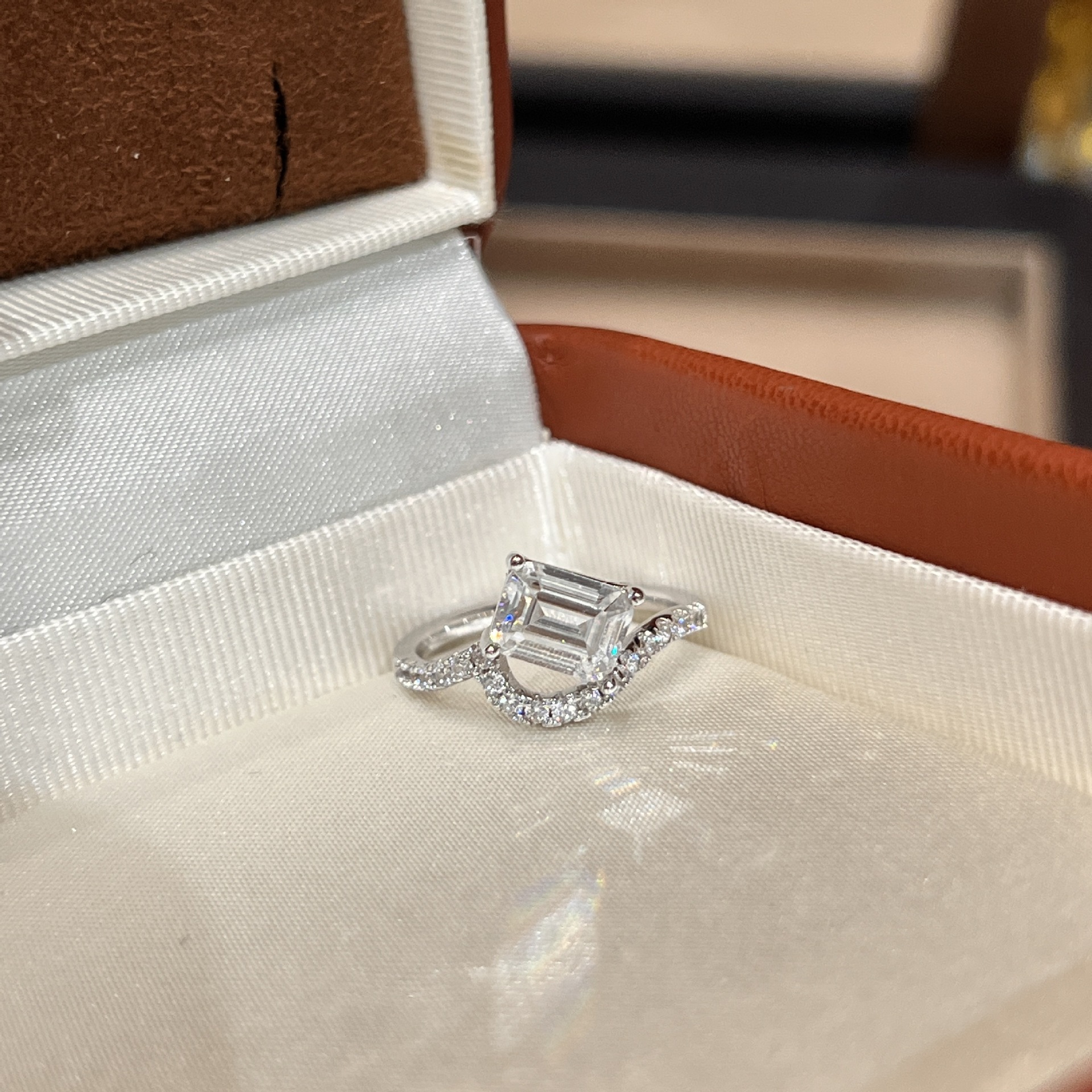 Emerald-Cut Moissanite Bypass Solitaire Ring | 2.0ct DEW | Pave Shank - Image 2