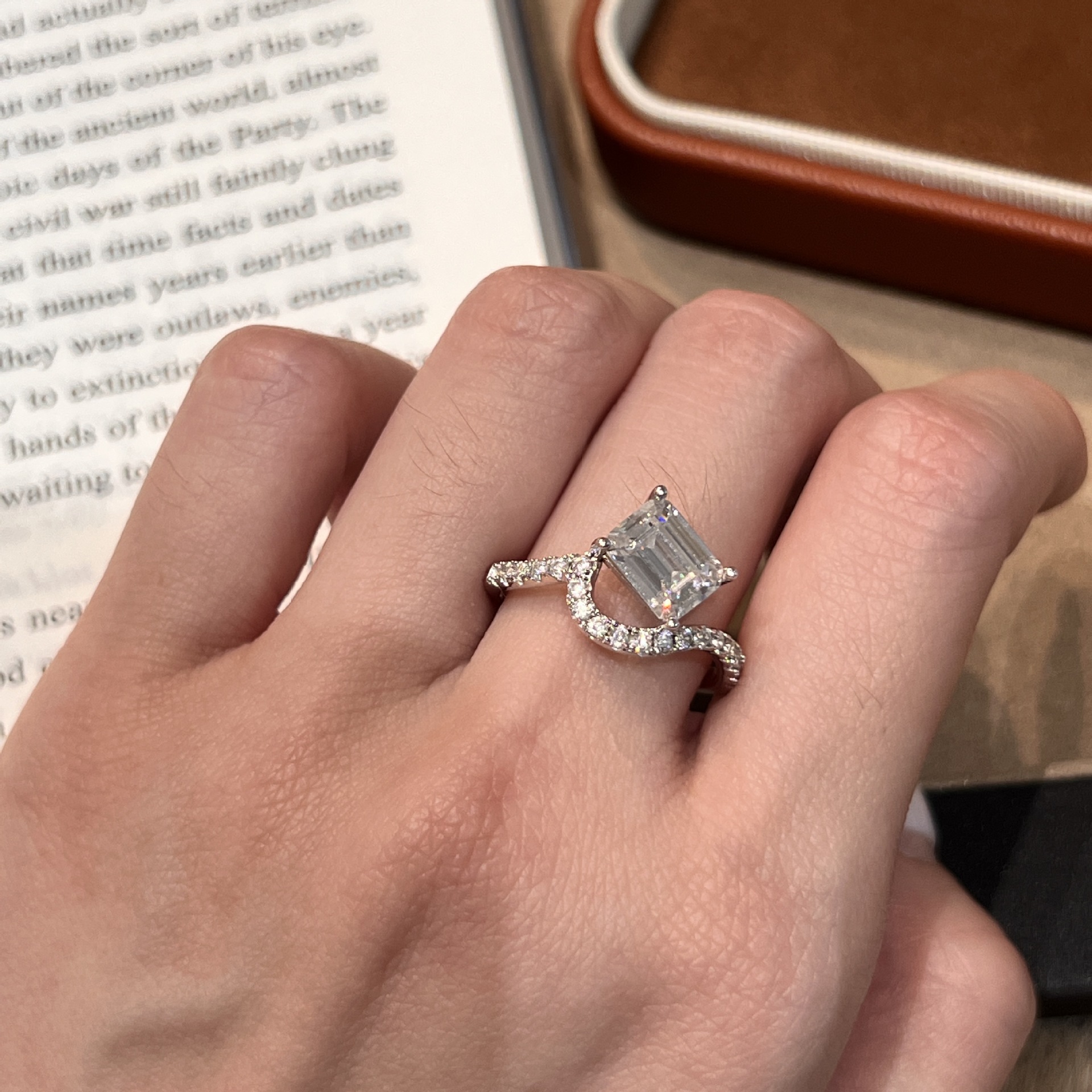 Emerald-Cut Moissanite Bypass Solitaire Ring | 2.0ct DEW | Pave Shank - Image 3