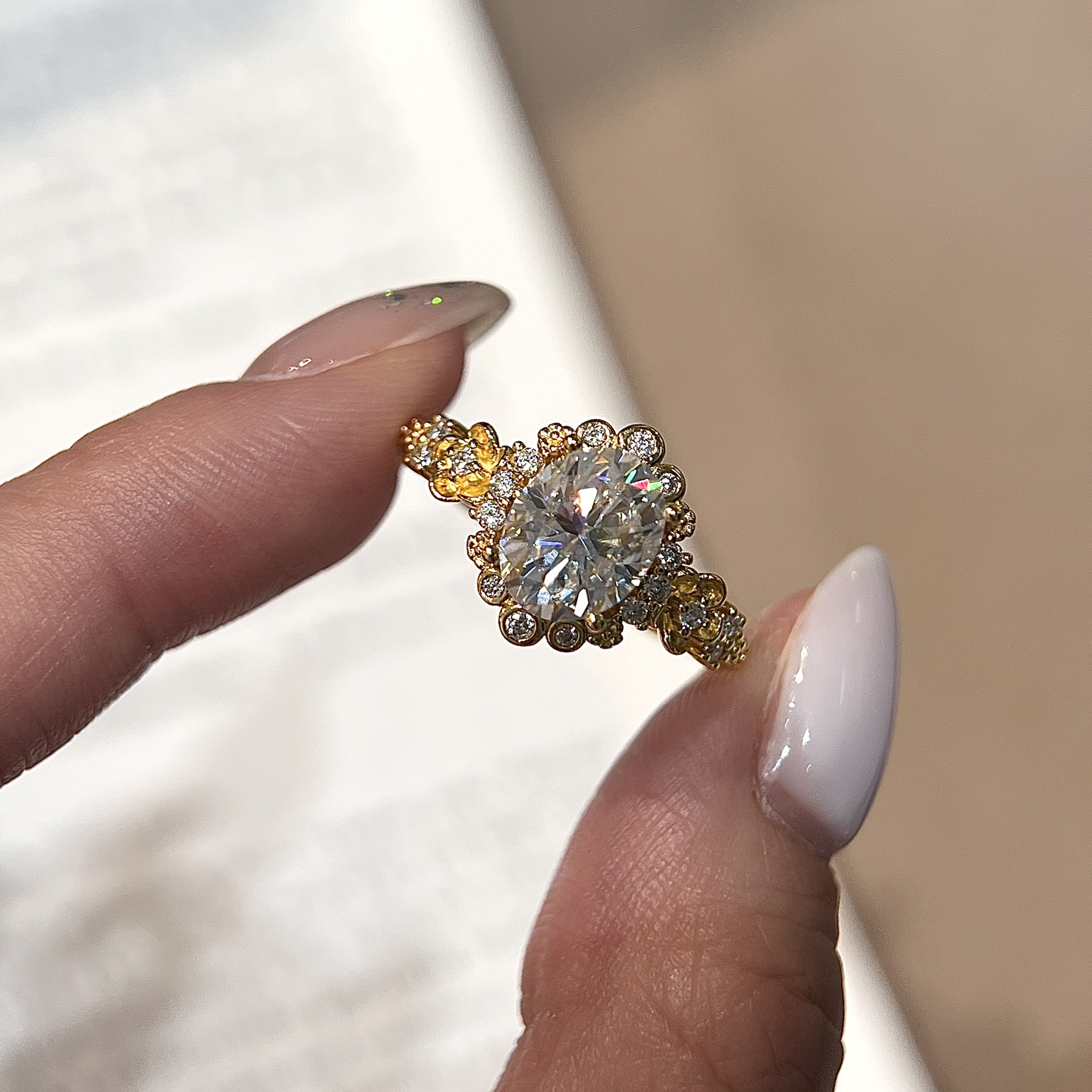 2ct Oval Moissanite Vintage Floral Halo Ring | 18K Yellow Gold-Plated Silver - Image 2