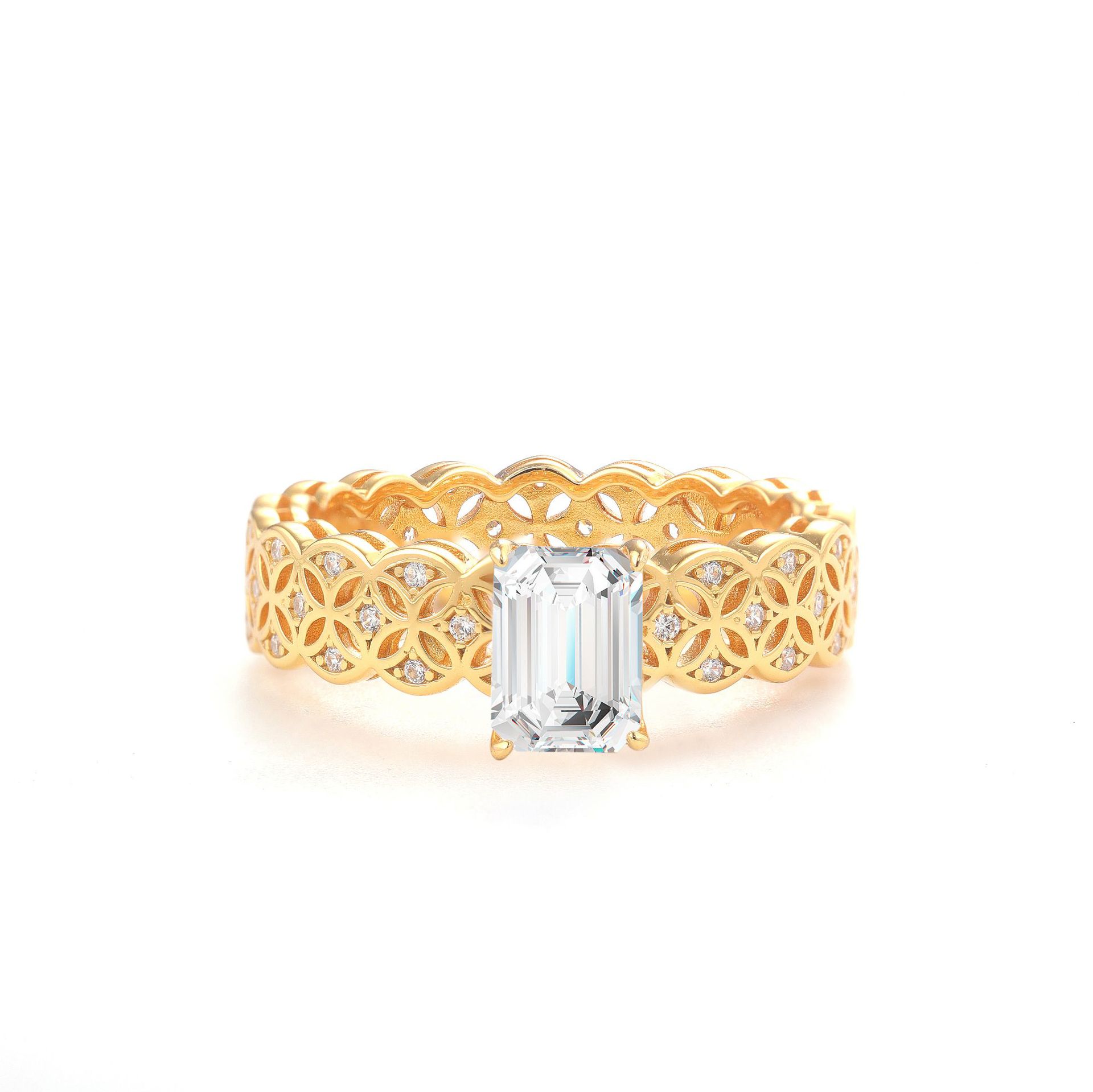 Emerald-Cut Moissanite Lace Band Ring | Openwork Floral Filigree | 18K Gold Vermeil
