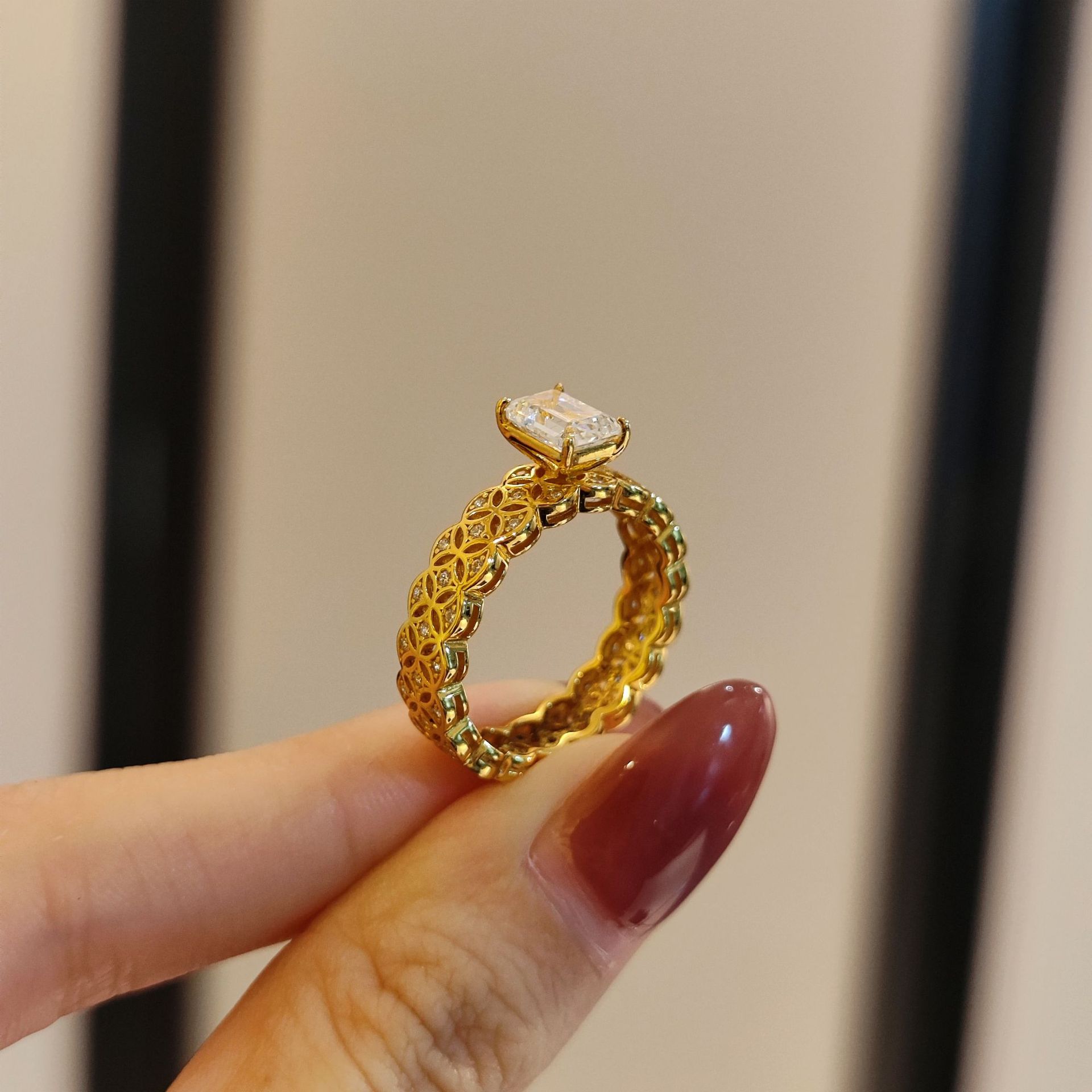Emerald-Cut Moissanite Lace Band Ring | Openwork Floral Filigree | 18K Gold Vermeil - Image 2