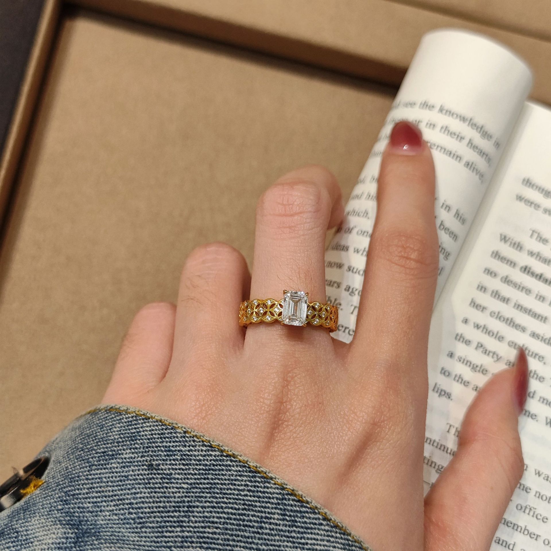 Emerald-Cut Moissanite Lace Band Ring | Openwork Floral Filigree | 18K Gold Vermeil - Image 3