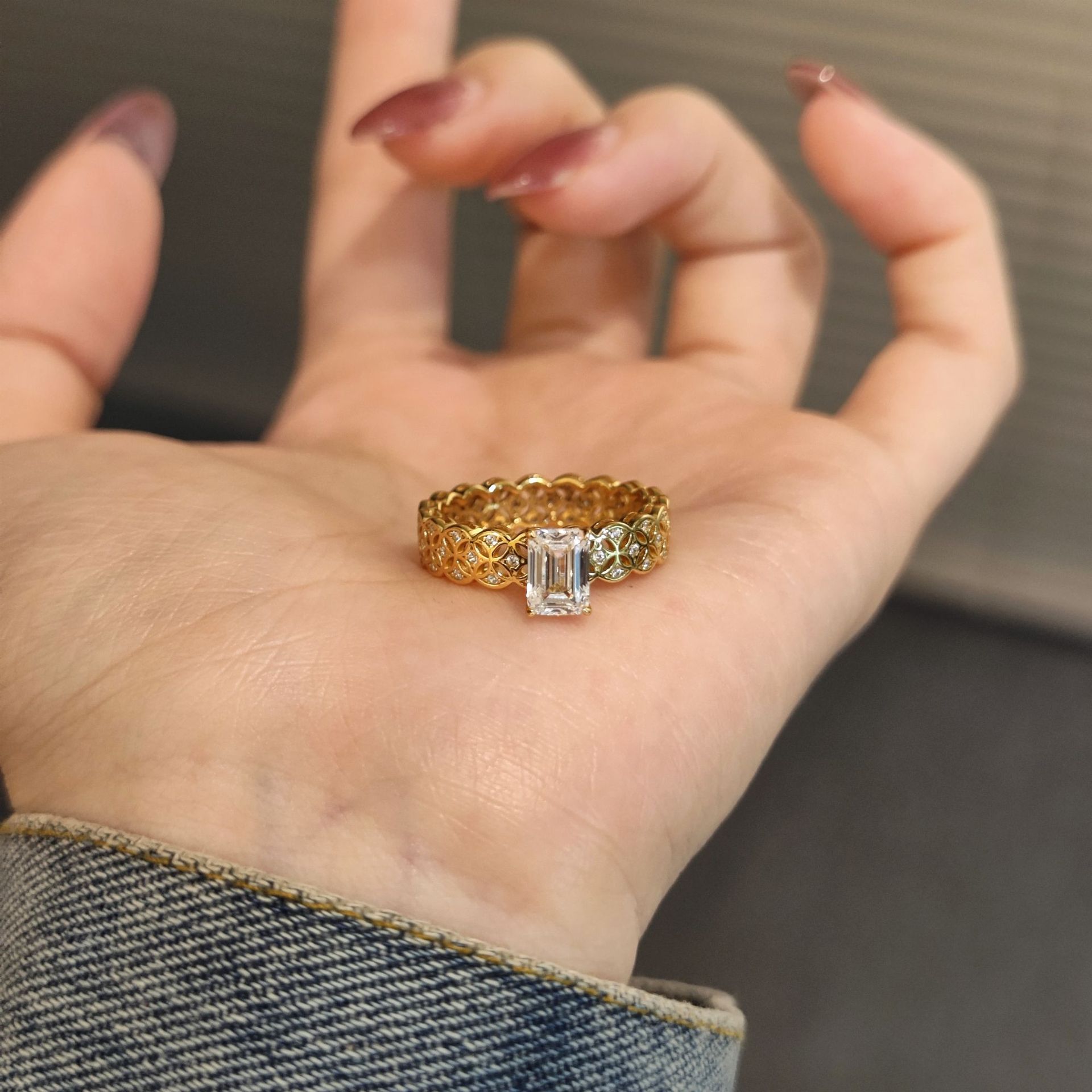 Emerald-Cut Moissanite Lace Band Ring | Openwork Floral Filigree | 18K Gold Vermeil - Image 4