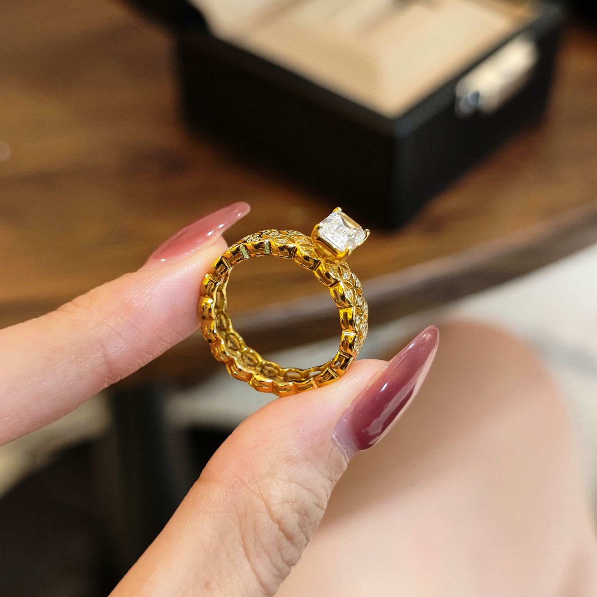 Emerald-Cut Moissanite Lace Band Ring | Openwork Floral Filigree | 18K Gold Vermeil - Image 5