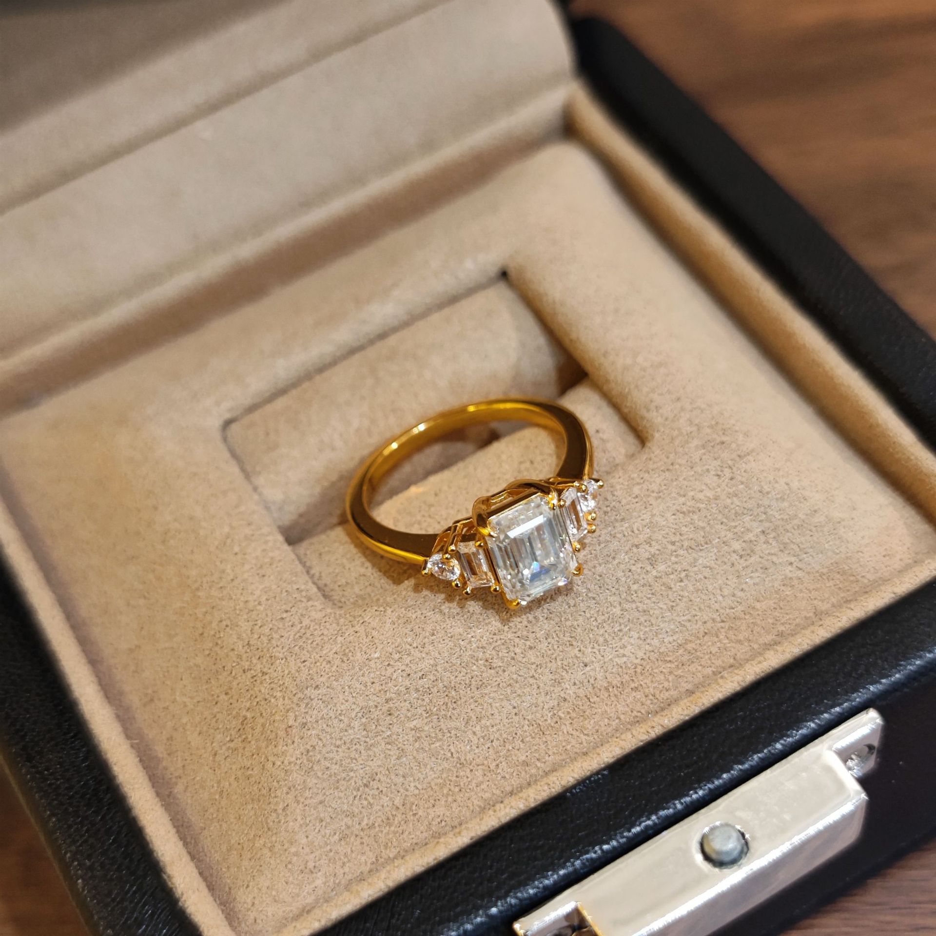Emerald-Cut Five-Stone Yellow Gold Moissanite Ring - Image 5