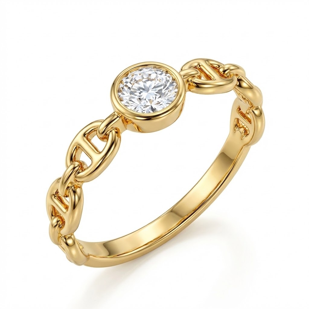 Round Moissanite Bezel Mariner-Link Gold Ring