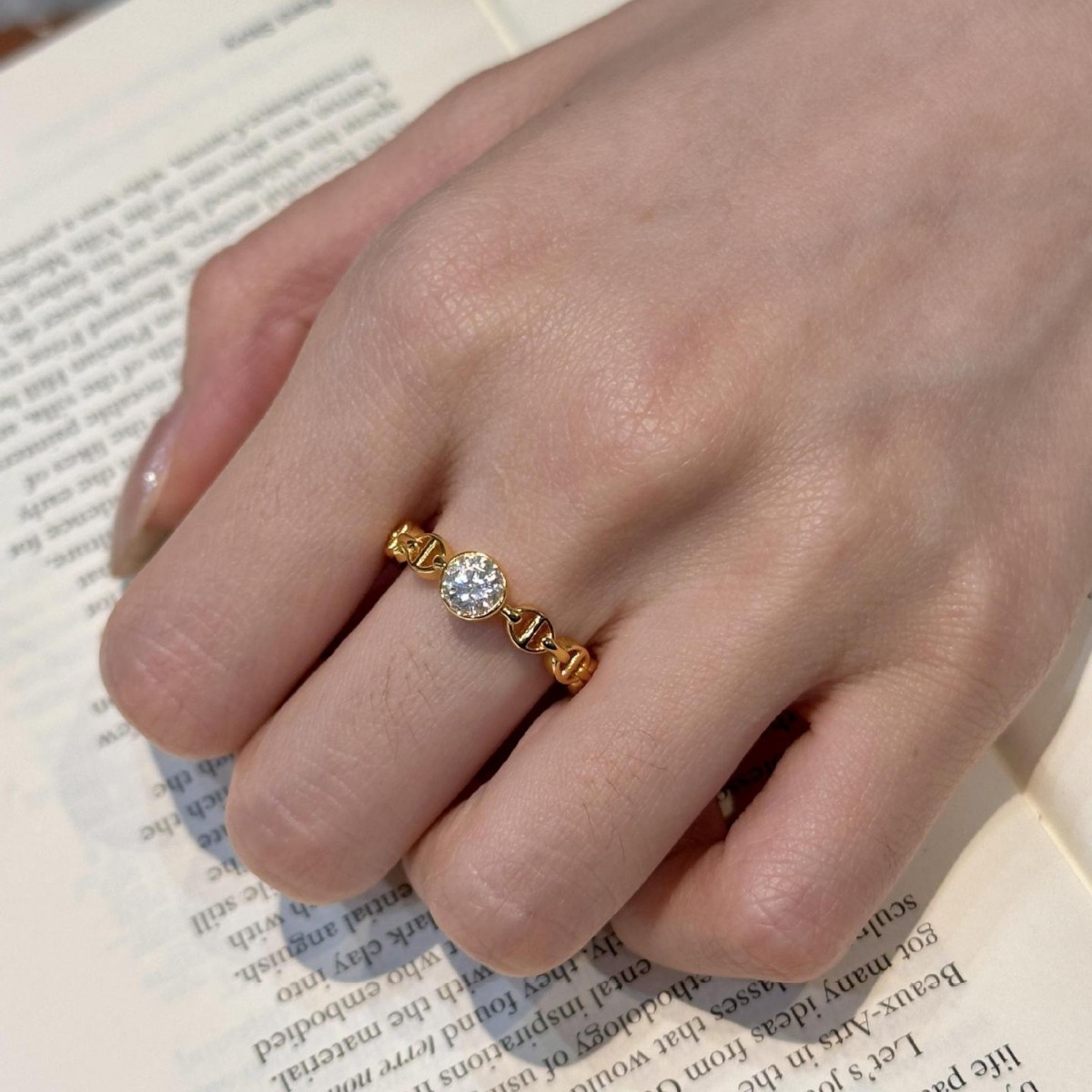 Round Moissanite Bezel Mariner-Link Gold Ring - Image 7