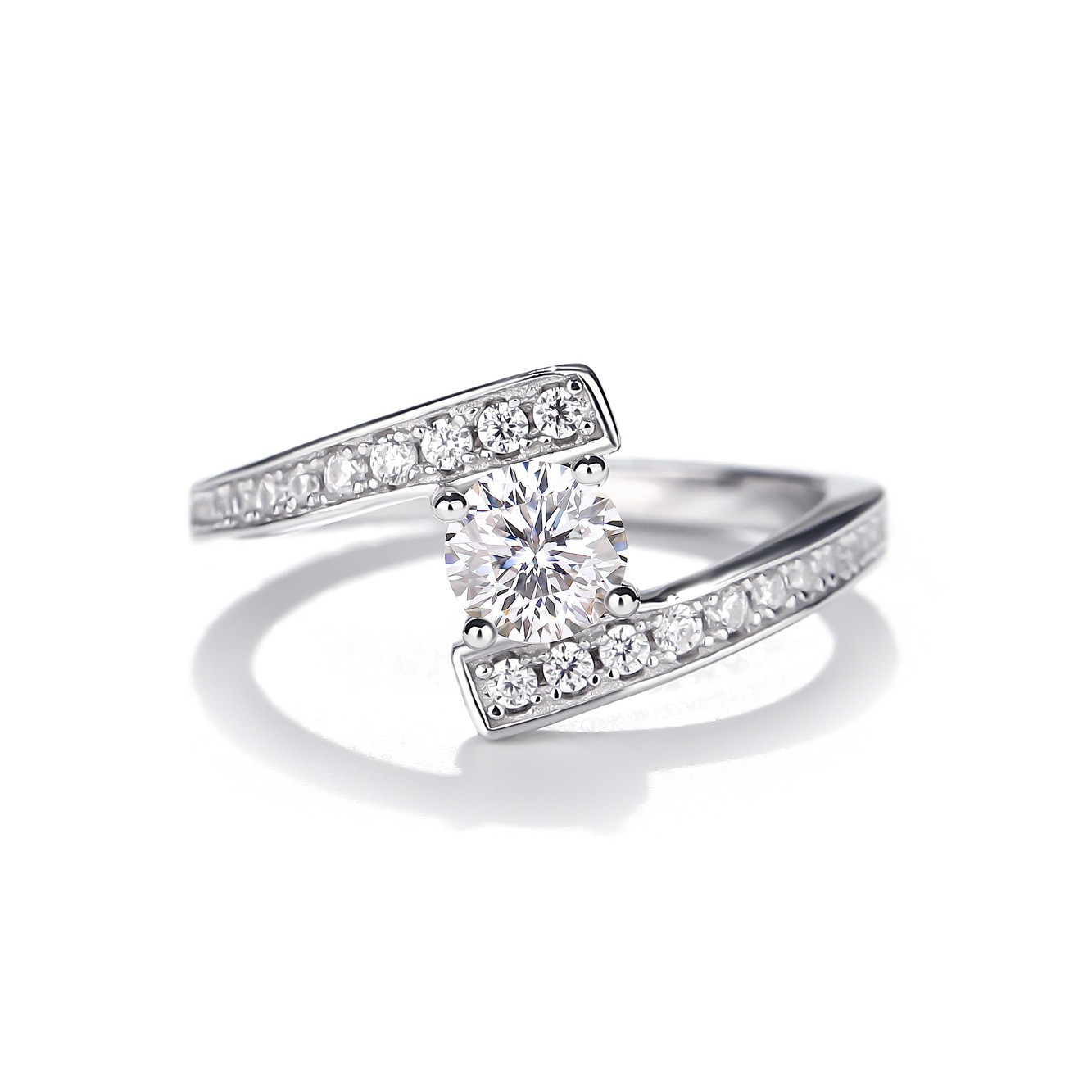 Round Moissanite Bypass Pave Ring