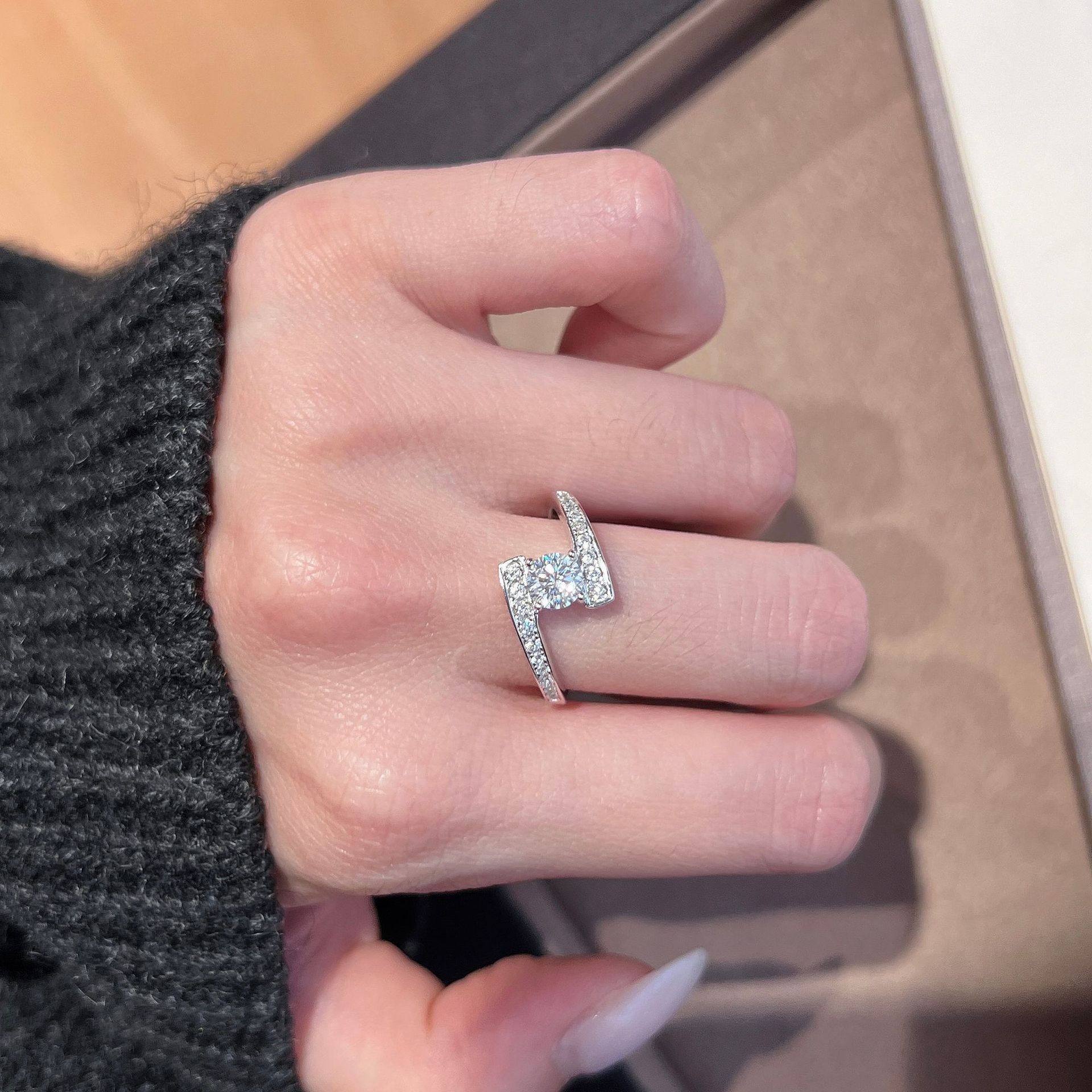 Round Moissanite Bypass Pave Ring - Image 4
