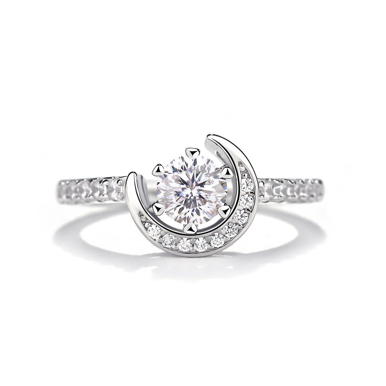 Crescent Moon Round Moissanite Solitaire Ring