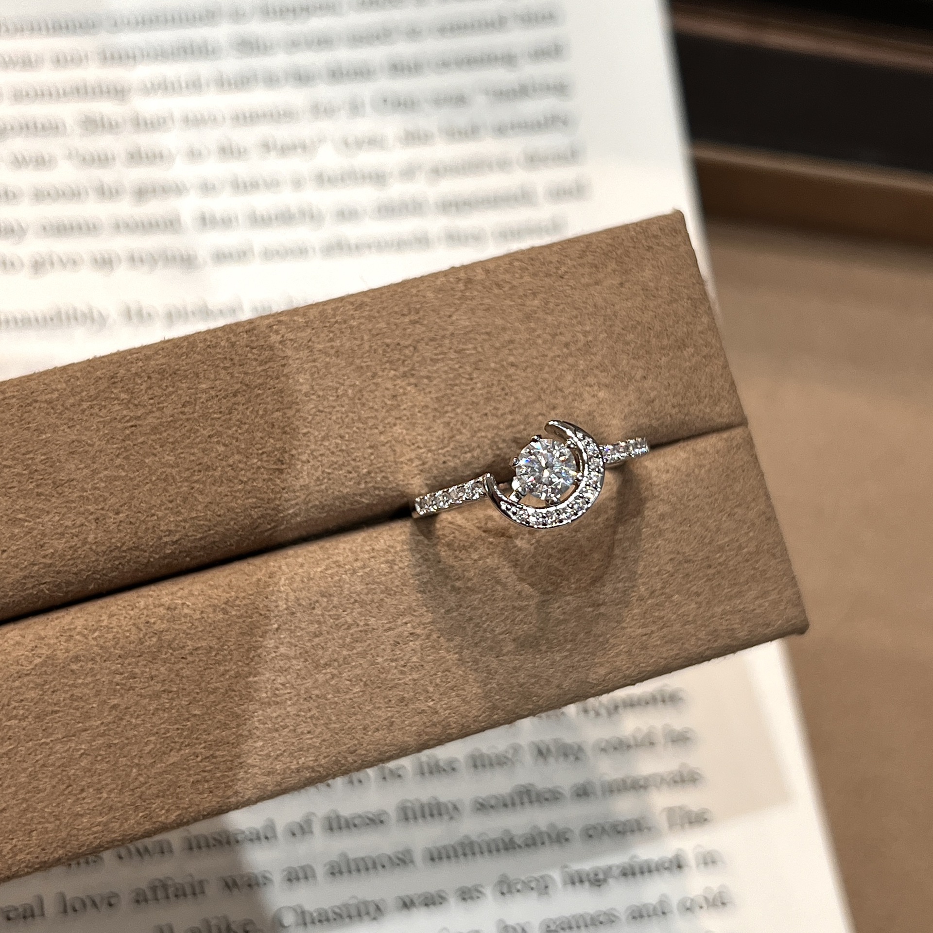 Crescent Moon Round Moissanite Solitaire Ring - Image 2