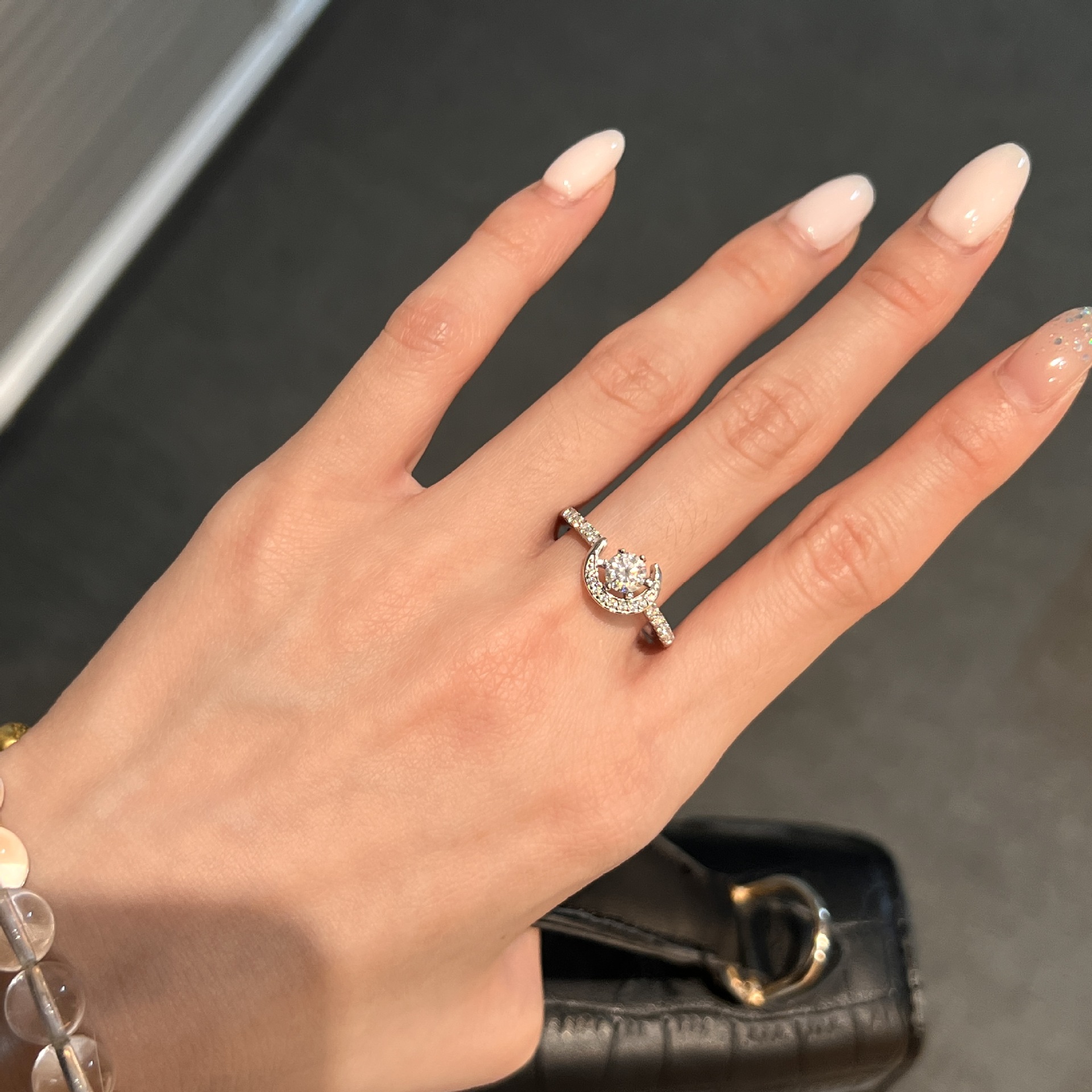 Crescent Moon Round Moissanite Solitaire Ring - Image 5
