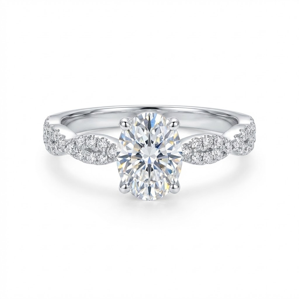 Oval Moissanite Twisted-Pavé Solitaire Ring