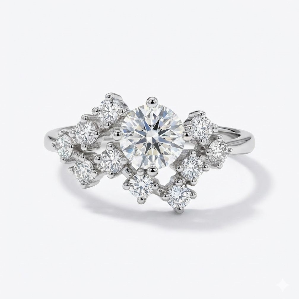 Round Moissanite Scattered Cluster Ring | 1.0ct DEW Center | 925 Silver