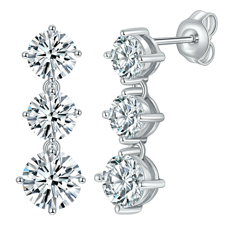 Graduated Three-Stone Moissanite Drop Earrings | 3.6ct DEW Round Brilliant