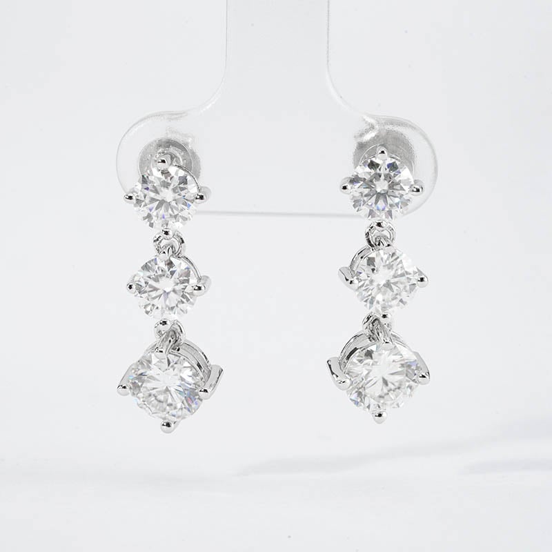 Graduated Three-Stone Moissanite Drop Earrings | 3.6ct DEW Round Brilliant - alternate view