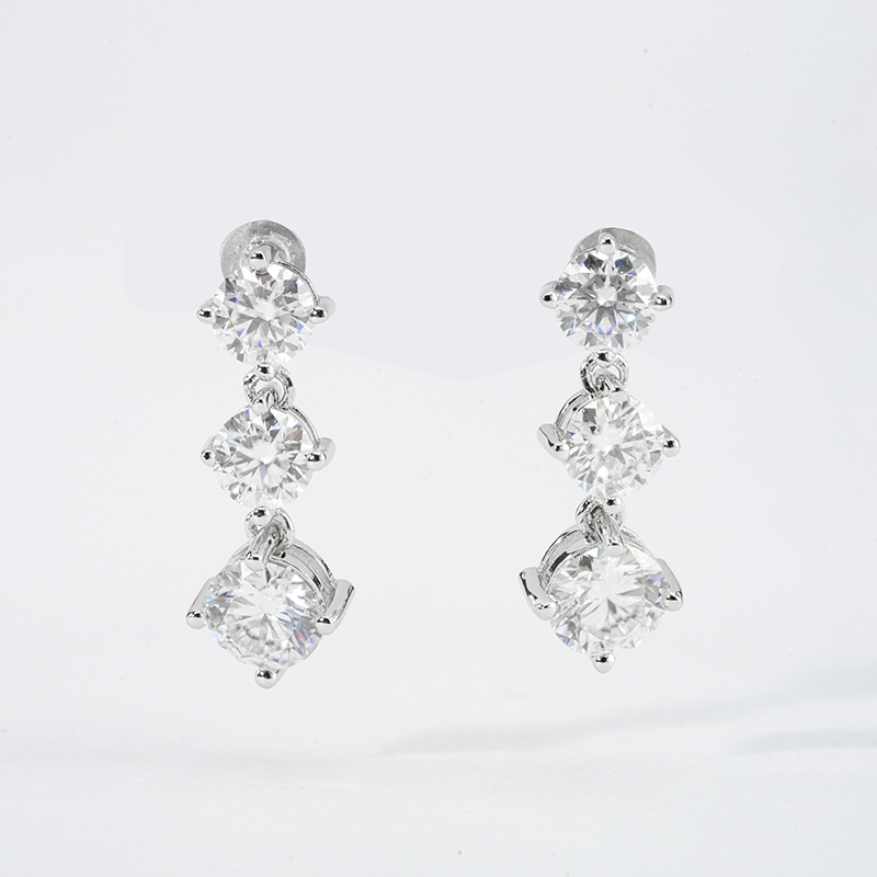 Graduated Three-Stone Moissanite Drop Earrings | 3.6ct DEW Round Brilliant - Image 6
