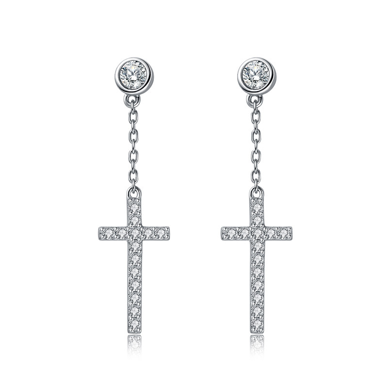 Pavé Cross Chain-Drop Moissanite Earrings