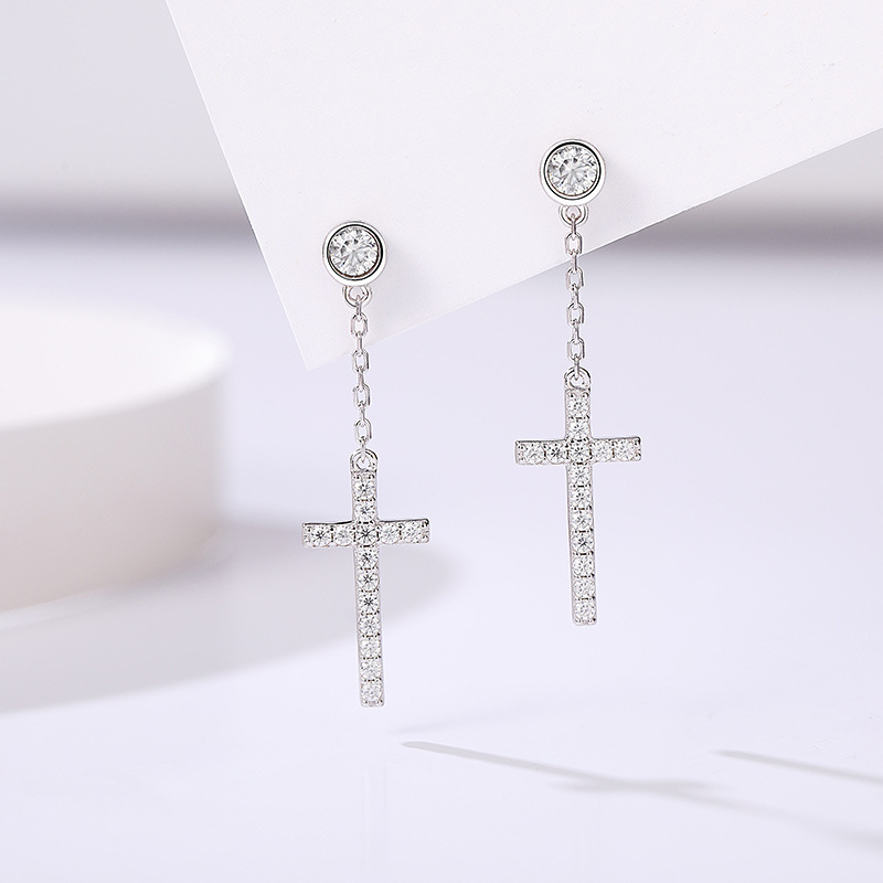 Pavé Cross Chain-Drop Moissanite Earrings - alternate view