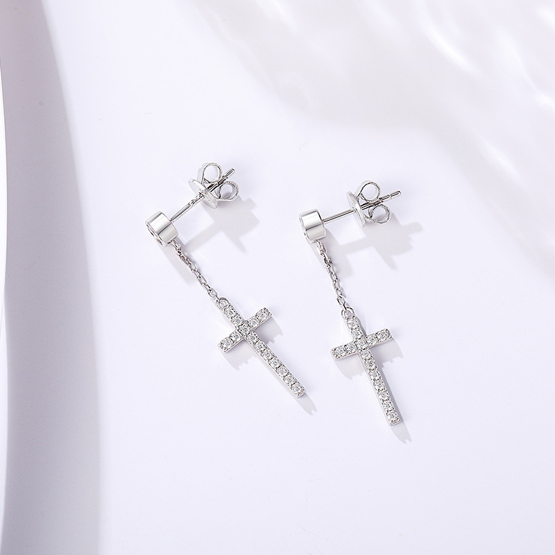 Pavé Cross Chain-Drop Moissanite Earrings - Image 3