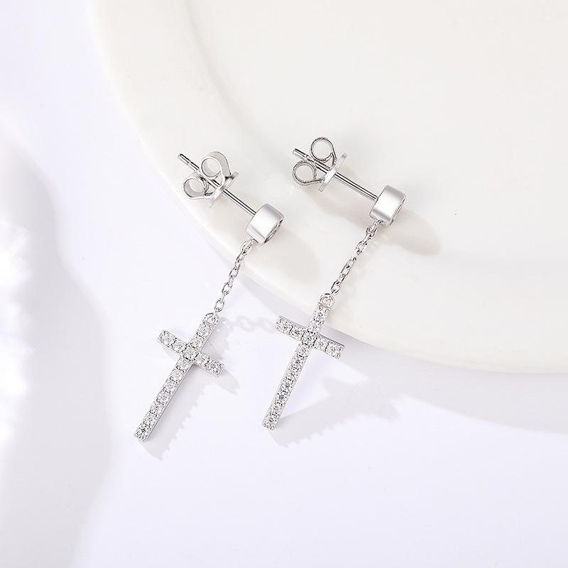 Pavé Cross Chain-Drop Moissanite Earrings - Image 4