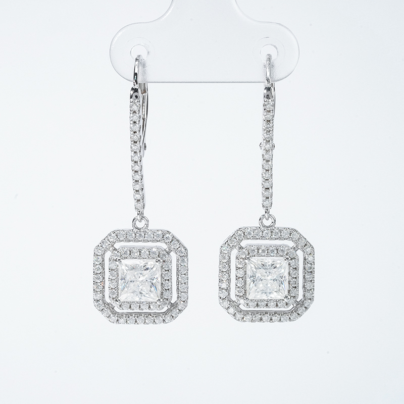 Double-Halo Princess-Cut Moissanite Drop Earrings - alternate view